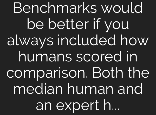 Benchmarks would be better if you always included how humans scored in comparison. Both the median human and an expert human