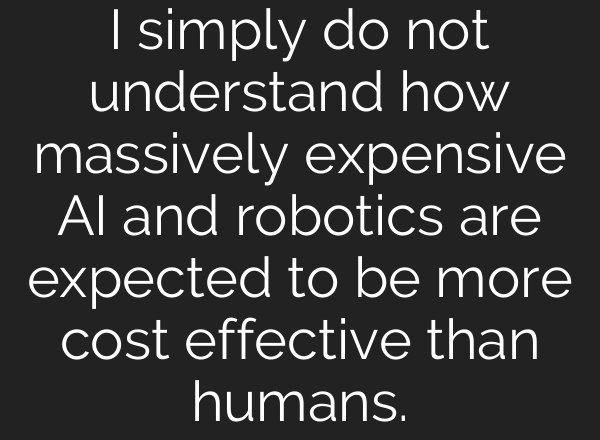 I simply do not understand how massively expensive AI and robotics are expected to be more cost effective than humans.